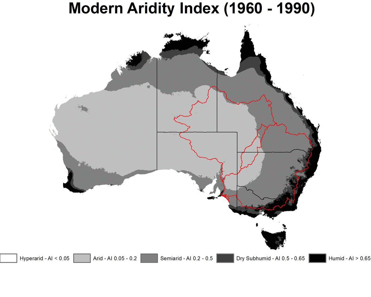 Modern aridity index and the projected aridification of Australia by 2070. The red outlines show the extent of the Murray-Darling and Lake Eyre basins. Source: Larkin et al., (2020).